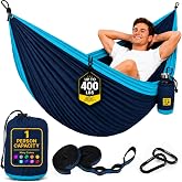 Durable Hammock 400 lb Capacity, Nylon Camping Hammock Chair - Double or Single Sizes w/Tree Straps and Attached Carry Bag - Portable for Travel/Backpacking/Beach/Backyard (Medium, Blue &amp; Light Blue)