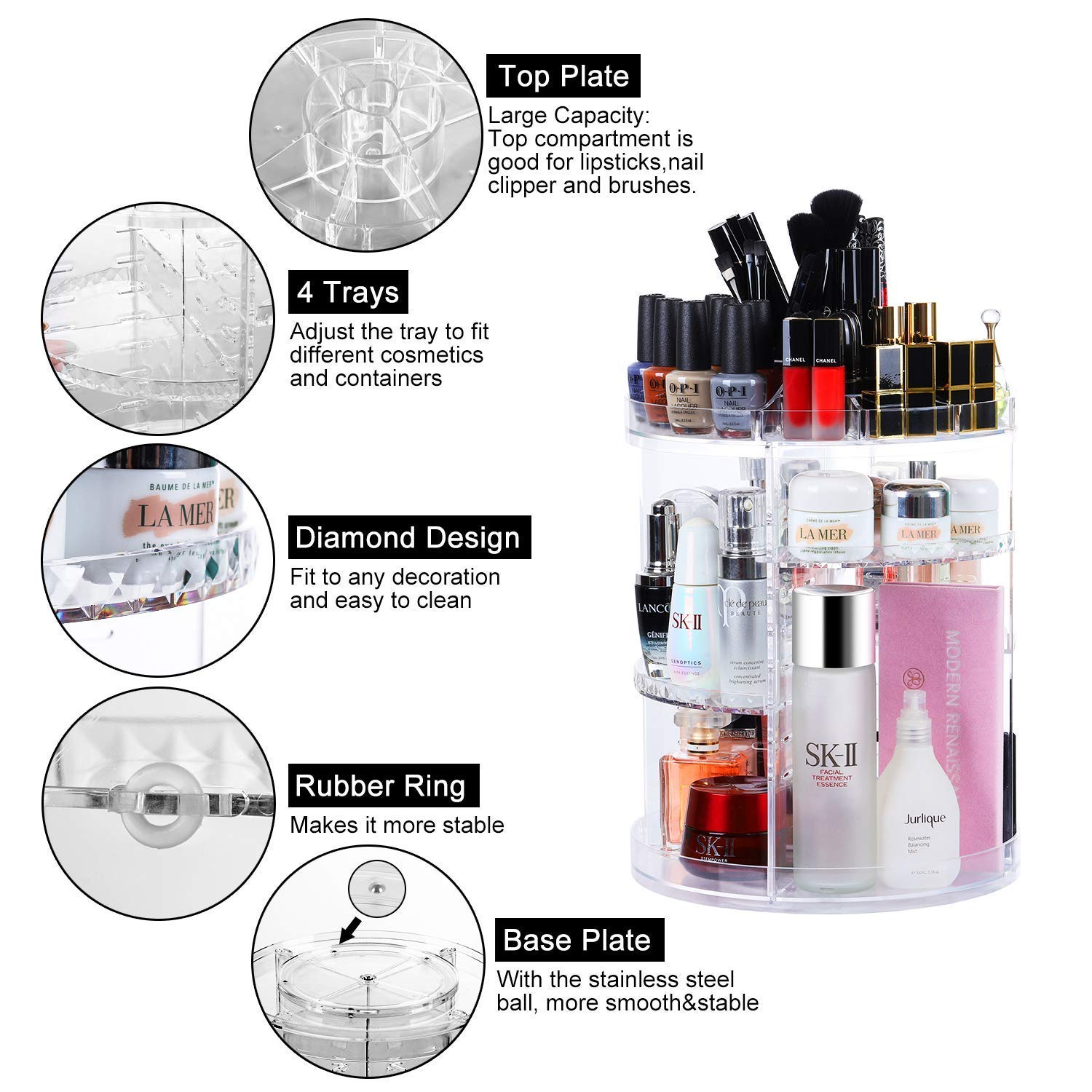 CECOLIC Organizador Maquillaje de 360 Grados, Almacenaje Cosmetica Almacenamiento Cosmético Estuche de Organizador Cajón de la Caja, Se Adapta a Las cremas, Pinceles, Barras de Labios