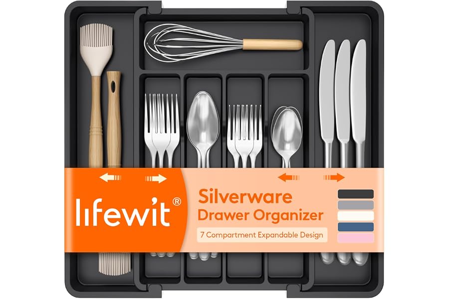 Lifewit Expandable Silverware Organizer, Plastic Utensil Tray for Kitchen Drawer, BPA Free Flatware Cutlery Holder, Space-Sav Book