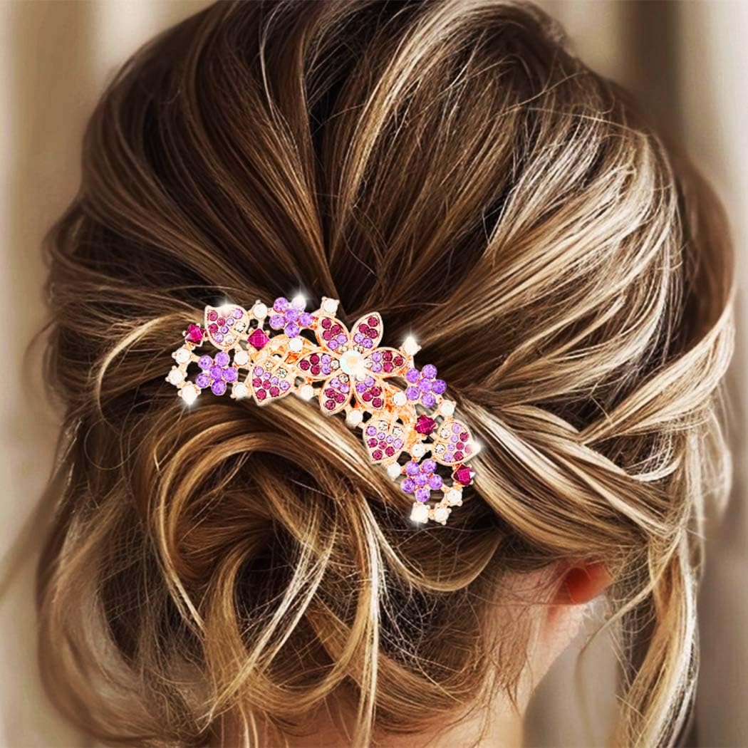 Jovono Rhinestone Flower Bride Wedding Hair Comb Gold Crystal Bridal Headpieces Accessories for Women (Purple)
