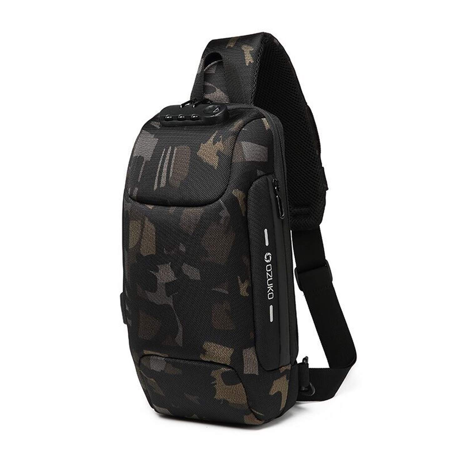 FANDARE Men's Sling Bag, Anti-Theft Chest Pack with Password Lock & Reflective Strip, USB Charging Port, Waterproof Polyester, Camo, L, Handbag, 0.5 kilograms, 7.9 inches, Ak-19br006