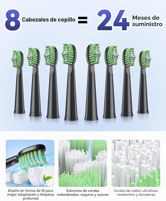 Cepillo de Dientes Eléctrico Sónico – Limpieza Profunda para Encías Sensibles, 5 Modos, 45 Días de Batería, 8 Cabezales, IPX7 Impermeable, Temporizador Inteligente, Ideal para Viajes (Negro)