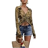 Womens Boho Printed Crop Tops Ruched Long Sleeve V Neck Shirts Fall Summer Spring Blouse Drawstring Slim Fitted Top