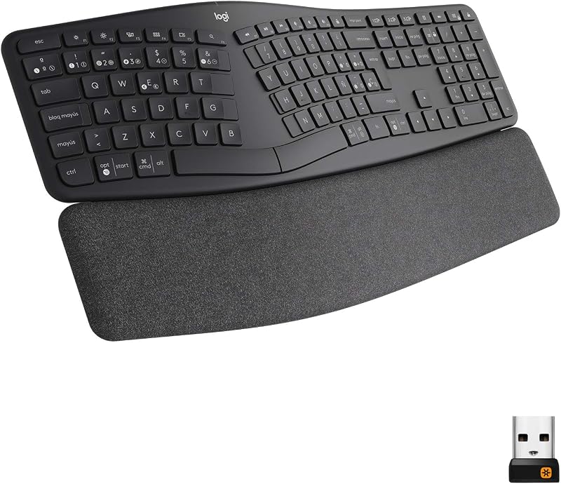 Teclado ergonômico e sem fio logitech ergo k860 - teclado dividido, apoio para as mãos, digitação natural, conectividade bluetooth e usb, compatível com windows/mac, layout qwerty espanhol - grafite