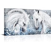 sechars White Horse Canvas Wall Art Horses with Flower Painting Picture Prints Modern Grey and Blue Home Living Room Bedroom Decorations 24x48 Inch