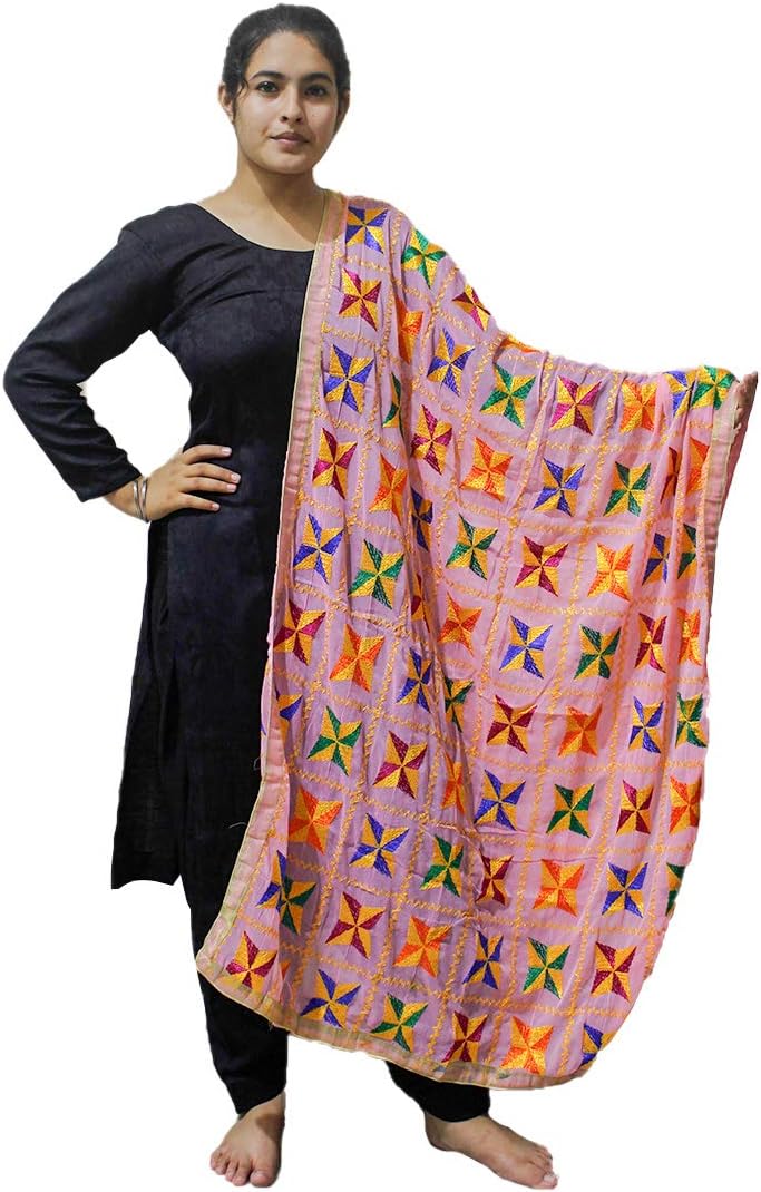 Sahej Suits Pink Phulkari Pankha Dupatta