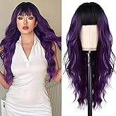 Tereshar Purple Wig With Bangs Black and Purple Wigs for Women Long Curly Wavy Wig with Dark Roots Heat Resistant Synthetic Ombre Wigs for Women Daily Party Use (26 Inches)