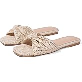 EQAUDES Raffia Flat Sandals for Women Straw Woven Braided Twist Slip On Slides - Summer, Open Toe, Beach, Comfort, Dressy