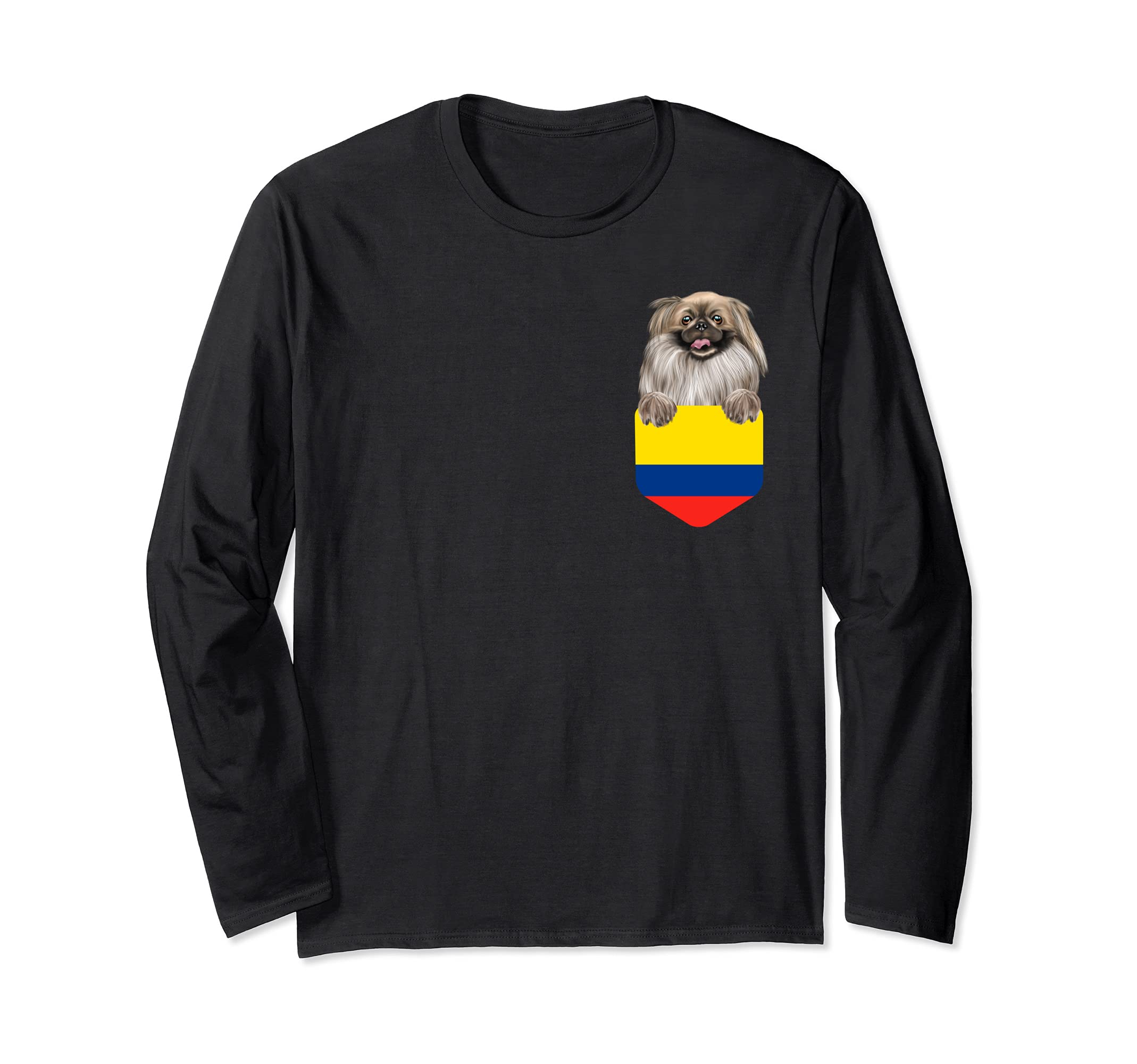 Colombia Flag Pekingese Dog In Pocket Long Sleeve T-Shirt