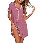 Ekouaer Cotton Nightgowns for Women Button Down Sleep Shirts Short Sleeve Night Gown Boyfriend Sleepwear Soft Night Shirts Blue Green