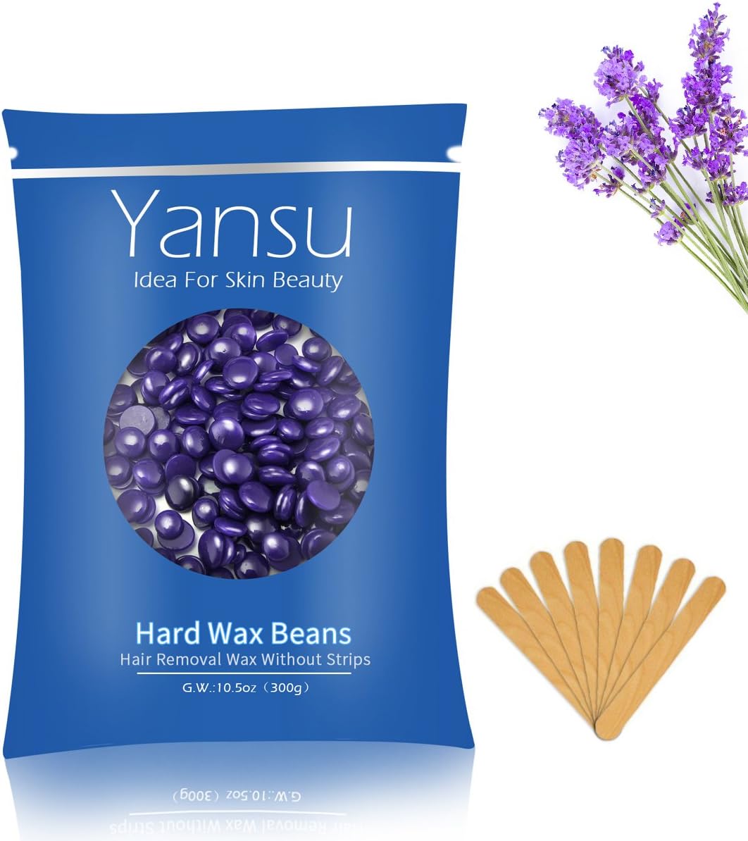 Yansu Depilatory Wax Hot Melt Hard Wax Beads for Body Hair Removal Brazilian Women/Men European Beads 300g/10.6oz+10pcs Tongue Depressor (Lavender)