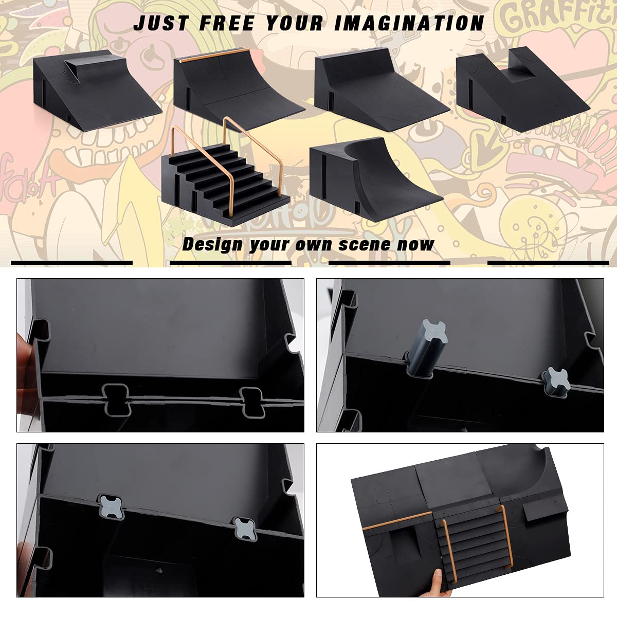 RNGODO Fingerboard Skatepark Skate Park Kit, Bigger Finger Skateboard Ramp Set Ultimate Parks Training Props with 3 Finger Skateboard 6 Finger Deck Finger Skate Toys for Kids & Adults Gifts