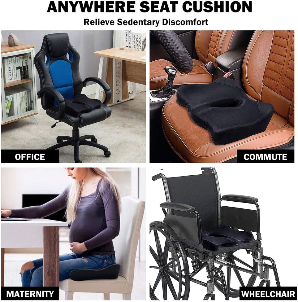 CSJT Seat Cushion 100% Pure Memory Foam Office Chair Cushion, Washable & Breathable Cover, with 3D Contoured Eye Masks, Tail Bone Pressure Relief, for Car, Wheelchair, Yoga Meditation Cushion, Black: Home & Kitchen