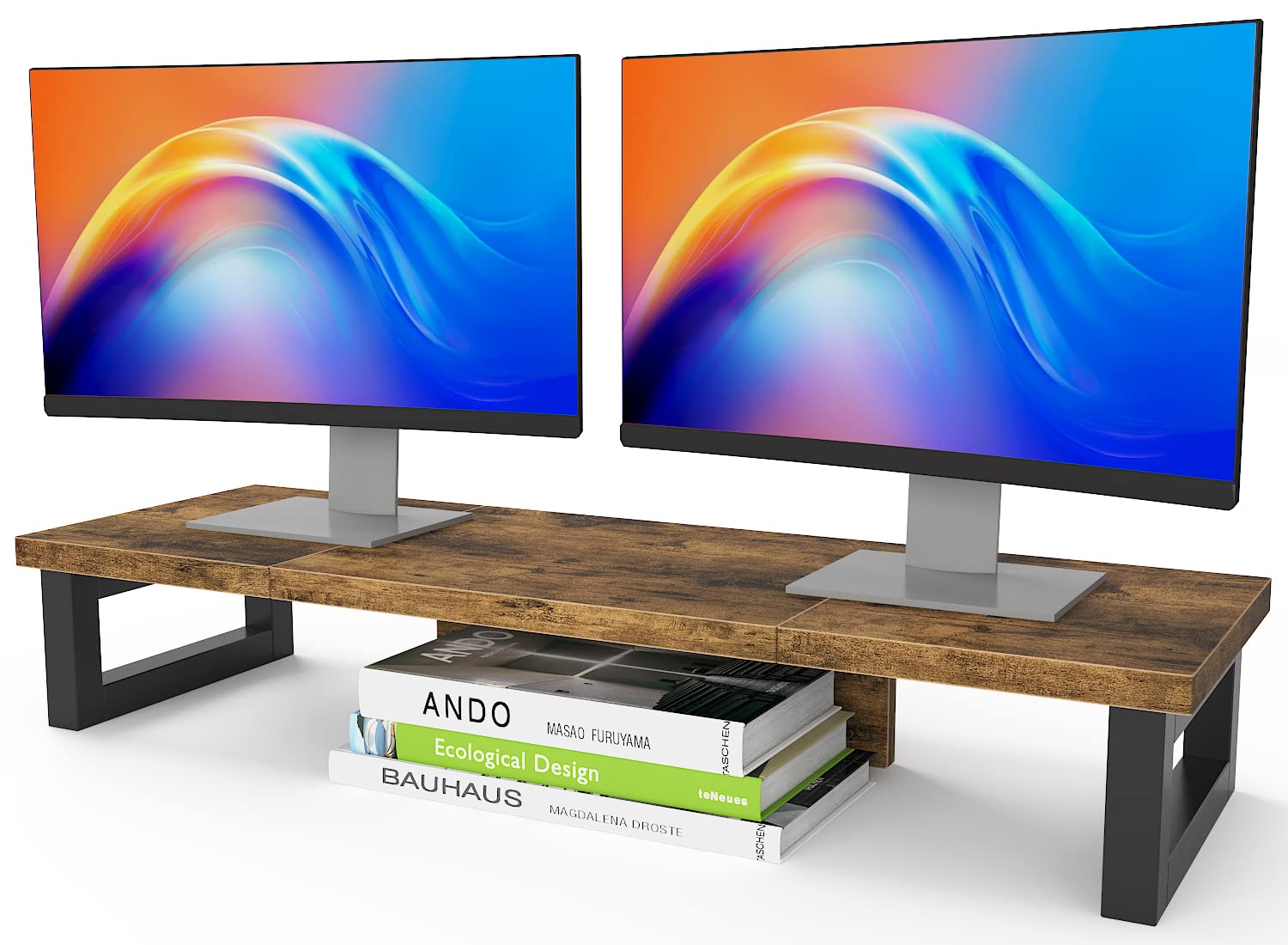 Photo 1 of WESTREE Dual Monitor Stand Riser, Wood and Steel Monitor Stand Riser, Computer Monitor Stand for 2 Monitors, Multi-Purpose Desktop Storage Stand for Computer,Laptop,Printer,TV