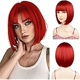 Sarannala Red Bob Wig with Flat Bangs Synthetic Fiber Wig Natural Looking Soft 12" for Halloween Costume Party Use Colorful Wigs Include Wig Cap