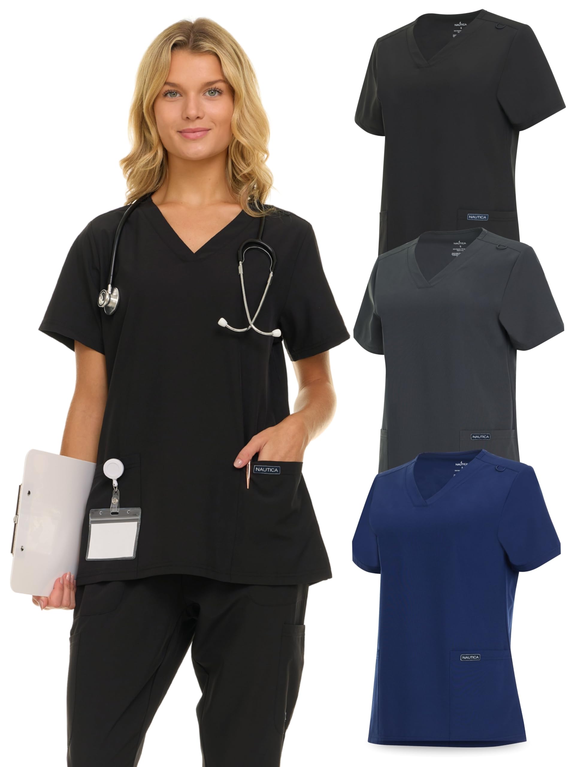 Photo 1 of LARGE-Nautica 3 Pack Scrub Tops for Women, Stretch Fabric Breathable V-Neck Womens Scrub Shirts, 3 Pocket Comfortable Scrub Tops