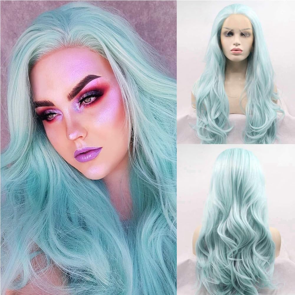 AFBeauty Pastel Blue Wig Synthetic Lace Front Wig Long Wavy Ice Blue Light Color Glueless Wig Heat Resistant Fiber Soft Wigs for Women Cosplay 24’’