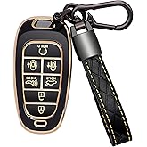Kespevn for Hyundai Key Fob Cover 7 Button with Leather Keychain Soft TPU 360 Degree Protection Car Key Case Shell Holder Fits for 2023 2022 2021 2020 Hyundai Sonata Santa fe Tucson, Black