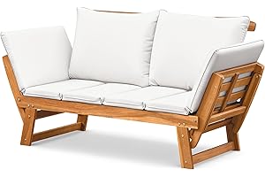 Flamaker Outdoor Couch with Adjustable Armrests, Acacia Wood Patio Loveseat with Soft Cushions, Convertible Patio Furniture for Balcony, Porch, Backyard (White)
