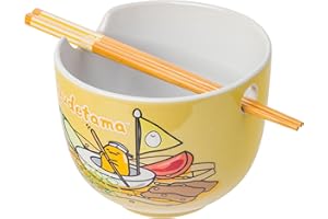 Silver Buffalo Sanrio Hello Kitty and Friends Gudetama Lazy Egg Sailing in Ramen Ceramic Ramen Noodle Rice Bowl with Chopstic