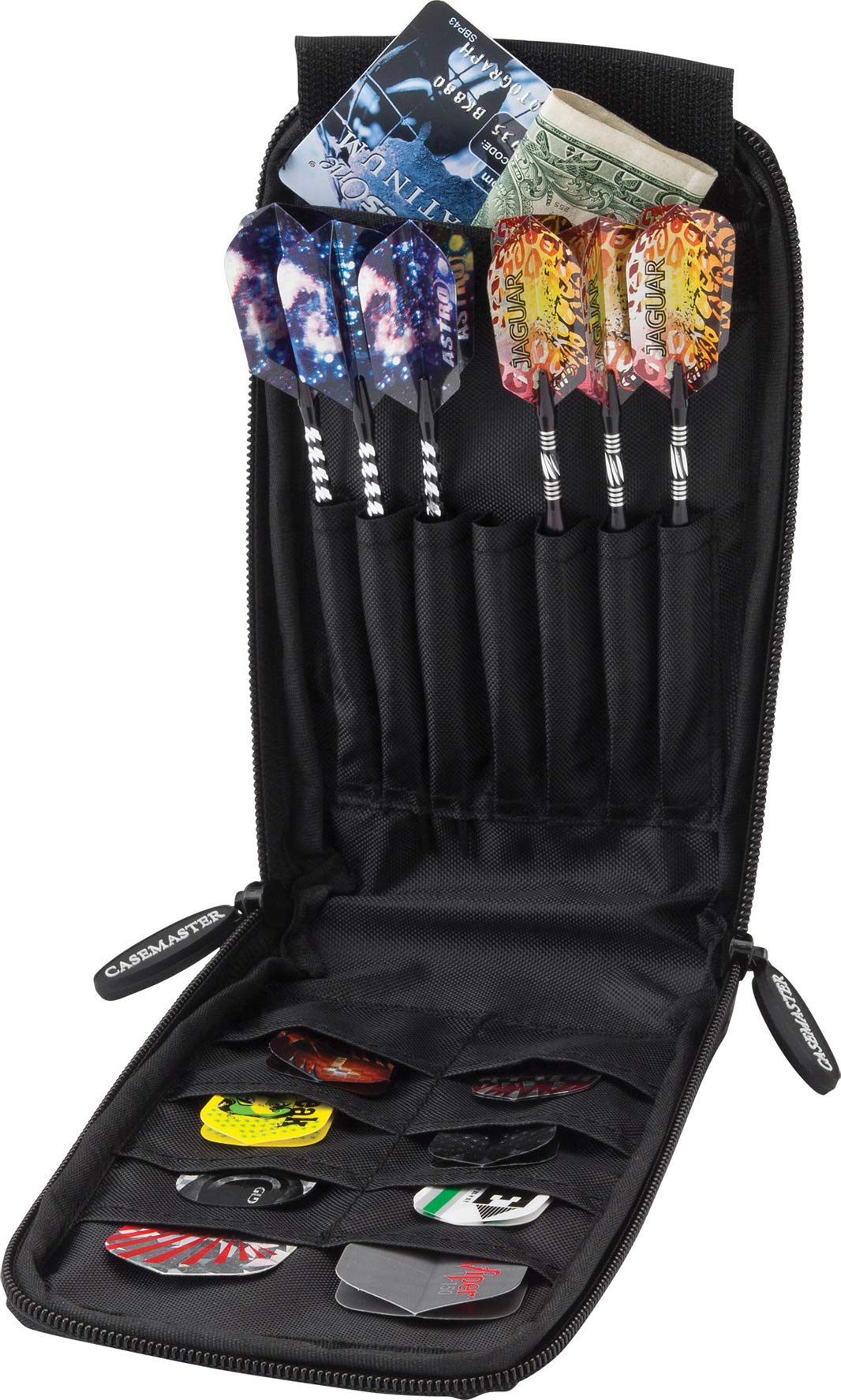Casemaster Mini Pro Black Leatherette Dart Case with Room for 6 Darts, Steel Tip or Soft Tip, with Slim Profile Leather-Like Covering and Built-in Pockets for Flights, Shafts and Tips