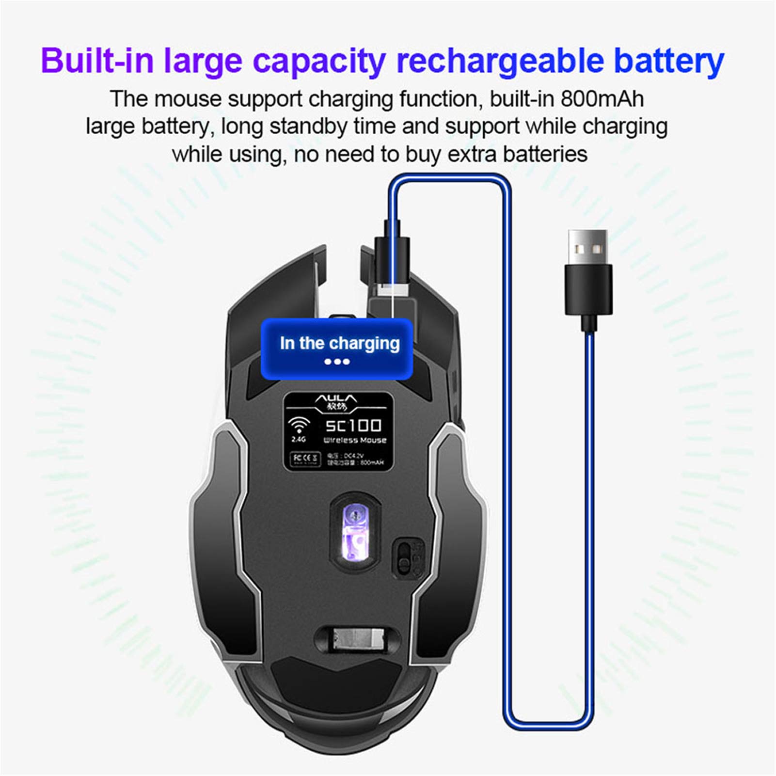 AULA SC100 Silent Wireless Gaming Mouse Rechargeable, with Side Buttons, LED Backlit, DPI Adjustable, 2.4G Wireless Optical Computer Mice Punk Cool Mouse for Games/Work (Black)