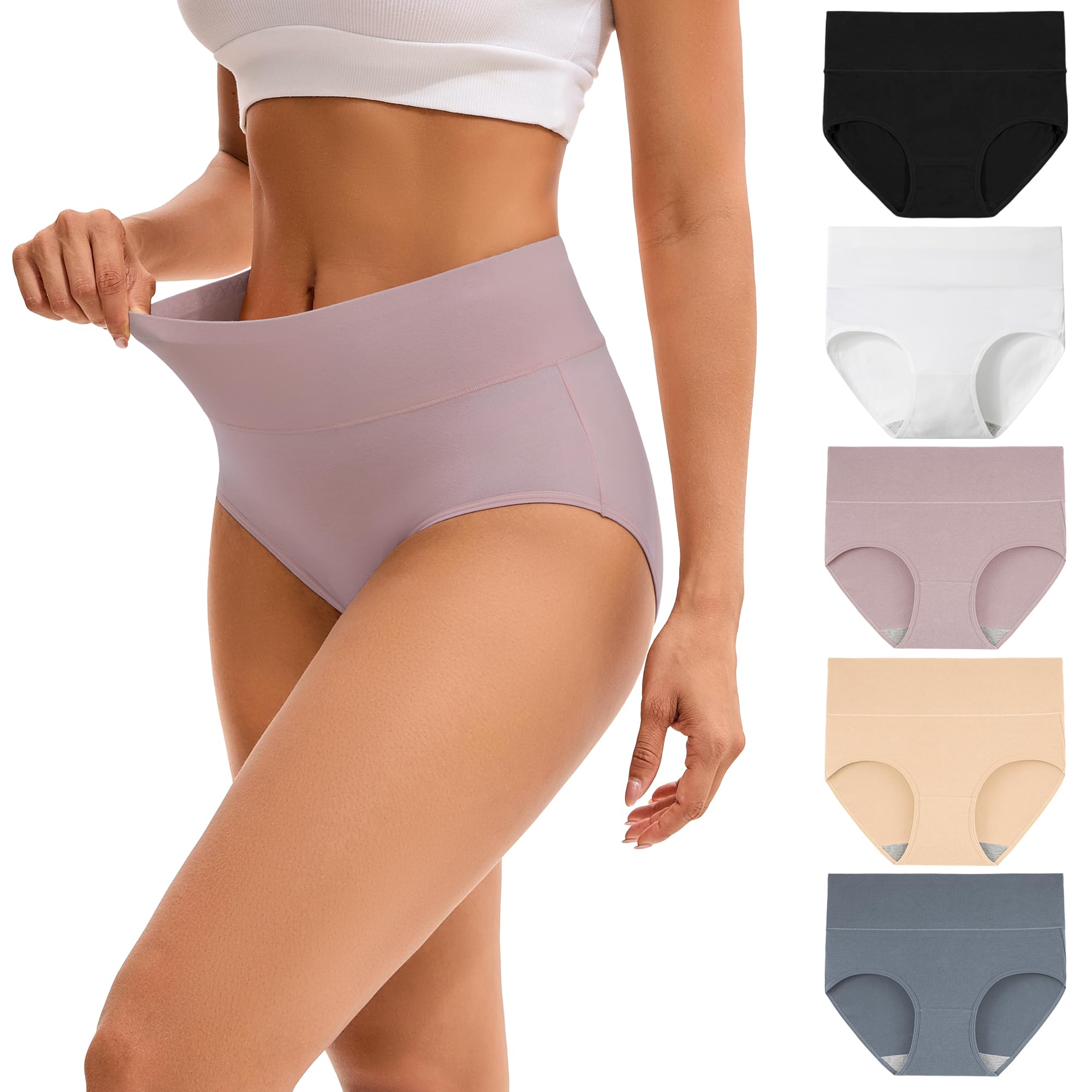 Photo 1 of INNERSY Women's High Waisted Underwear Cotton Panties Regular & Plus Size 5-Pack(3XL,Light Mist)