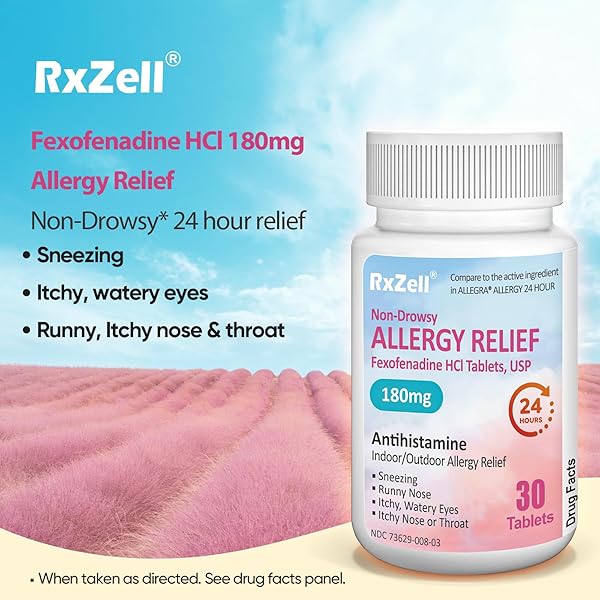 RXZELL ALLERGY RELIEF | FEXOFENADINE HCL 180MG, 24-HOUR ANTIHISTAMINE, NON-DROWSY (30 COUNT (PACK OF 1))