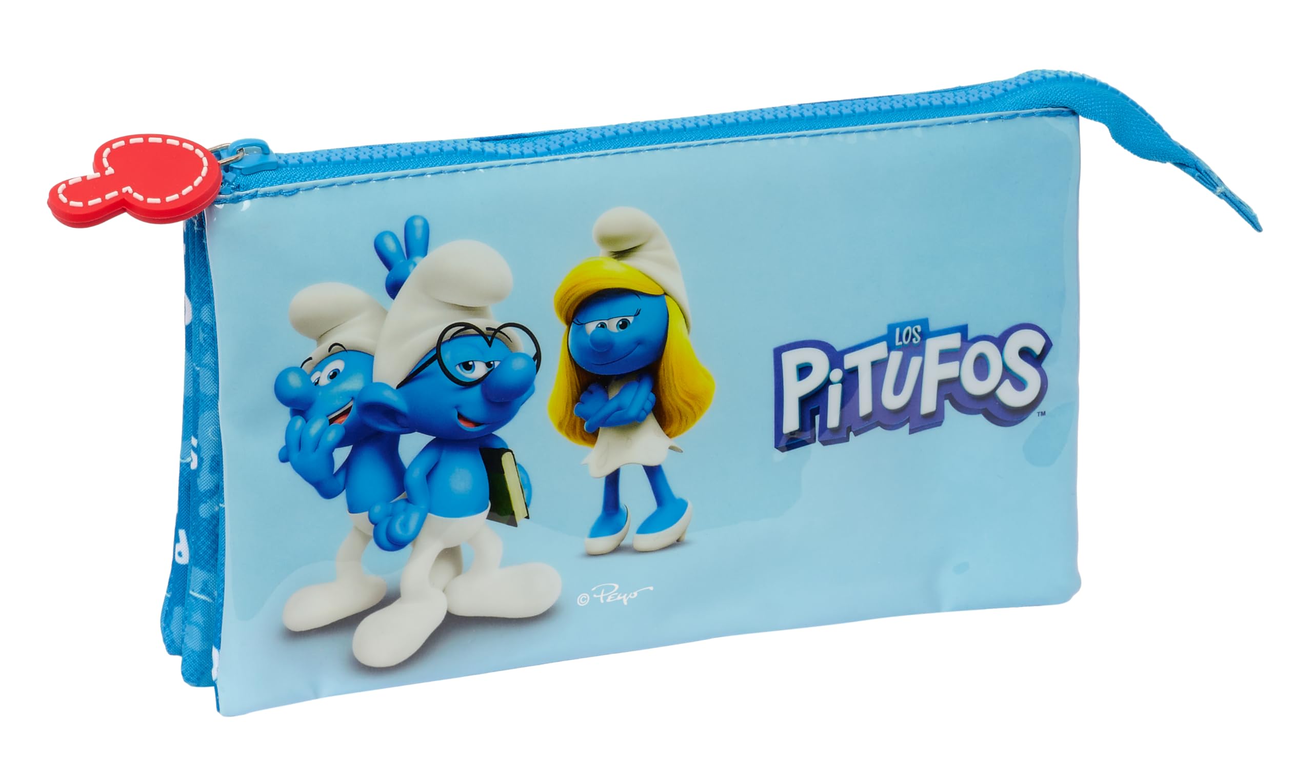 Safta Los PITUFOS – Triple Pencil Case, Children's Pencil Case, Ideal for School Children, Comfortable and Versatile, Quality and Resistance, 22 x 3 x 12 cm, Sky Blue/Blue, Sky Blue/Blue, Estándar,