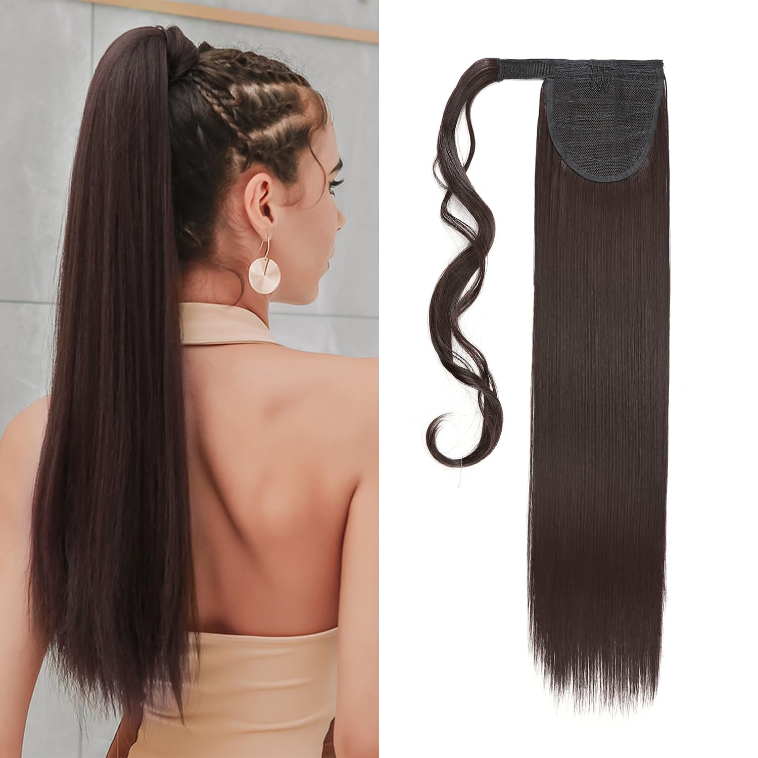 S-noilite 23" Long Straight Wrap around Ponytail Extensions Clip in Ponytail Hair Extensions Hairpiece for Women for Daily Use Dark Brown