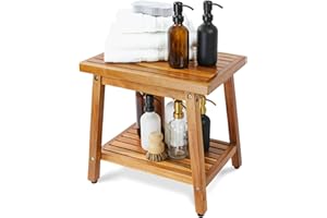ENKEZI Shower Stool Bench Chair Waterproof with Storage Shelf for Shaving Legs, Spa, Bath Seat, Inside Shower Bench for Adults Seniors Elderly, Outdoor Side Table, Patio, Pool, End Table (16 Inches)