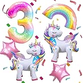 6PCS Self Standing Unicorn Balloons, Unicorn Balloon, Large Rainbow Balloon, Colorful Number 3 and Star Balloons for Girl 3rd Birthday Party Decorations Supplies.(3rd)