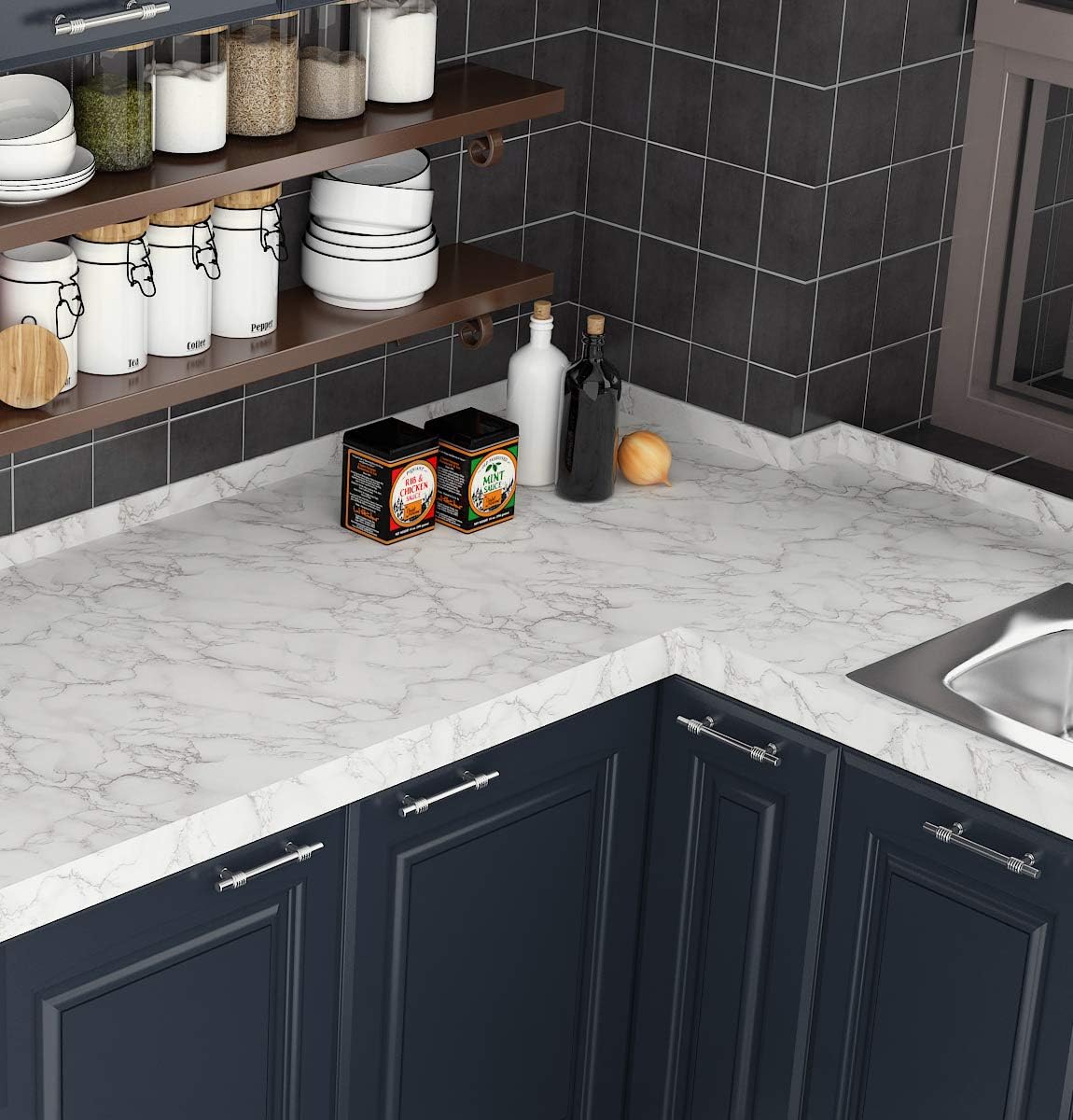 Livelynine 5M X 60 cm Matt Marble Sticky Back Plastic Roll White Marble Vinyl Wrap for Kitchen Worktop Covering Grey Washable Kitchen Wallpaper Self Adhesive Contact Paper Kitchens Counter Wrap - Image 4