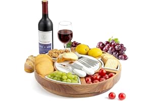 eletecpro Cheese Board Set Made of Acacia Wood, Round Charcuterie Boards with Double Sided Marble Platter, 3 Ceramic Bowls 2 Cheese Knives 6 Forks, Cheese Tray