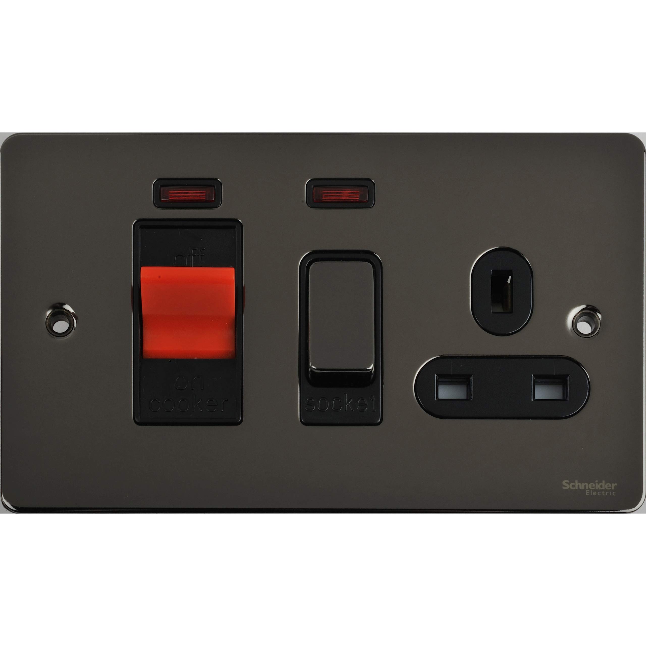 Schneider Electric Ultimate Flat Plate - Switched Cooker Control Unit with 13A Single Power Socket, Double Pole, Neon Indicator, 45A, GU4201BBN, Black Nickel with Black Insert