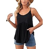 Vrtige Women's Crewneck Spaghetti Strap Pleated Ruffle Hem Sleeveless Cami Tank Peplum Top