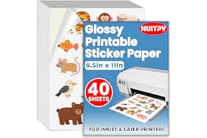 NUITPY 40 Sheets Glossy Sticker Paper, 8.5in x 11in Sticker Paper for Inkjet Printer, Self-adhesive Printable Sticker Papers, Vibrant Colors, Dries Quickly, US Letter Size