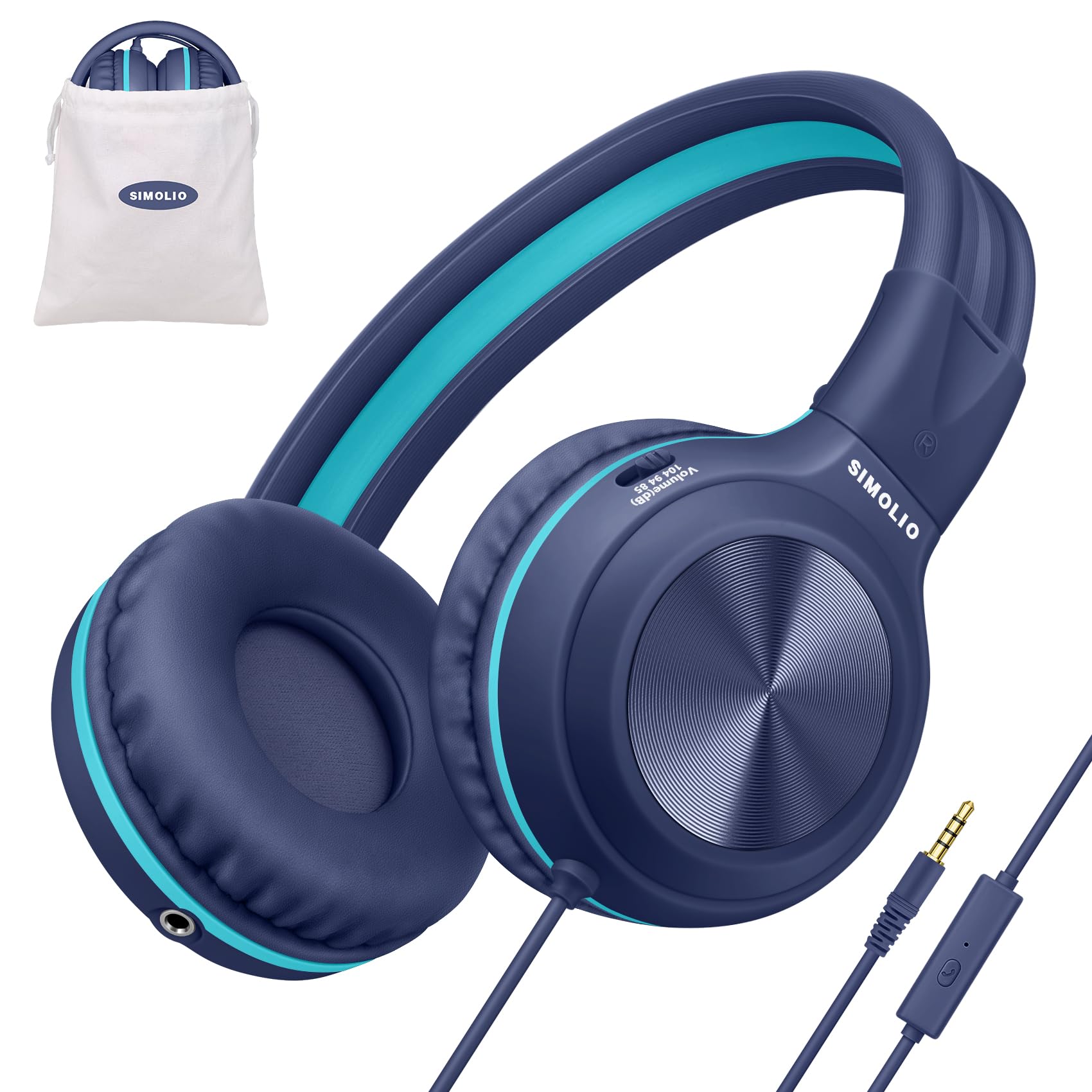 SIMOLIO Wired Kids Headphones for School with Microphone, PC Headset with Cord, Plug in Headphones for Tablet, Headsets with Cord for Laptop (Navy Blue)
