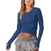 Orchidays Women’s Long Sleeve T Shirts Ruched Going Out Crop Tops with Thumb Holes Basic Slim Fit Tees
