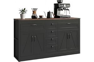 HOMCOM Sideboard Buffet Cabinet, 55" Farmhouse Kitchen Storage Cabinet with 4 Barn Doors, 6 Drawers and 2 Adjustable Shelves,