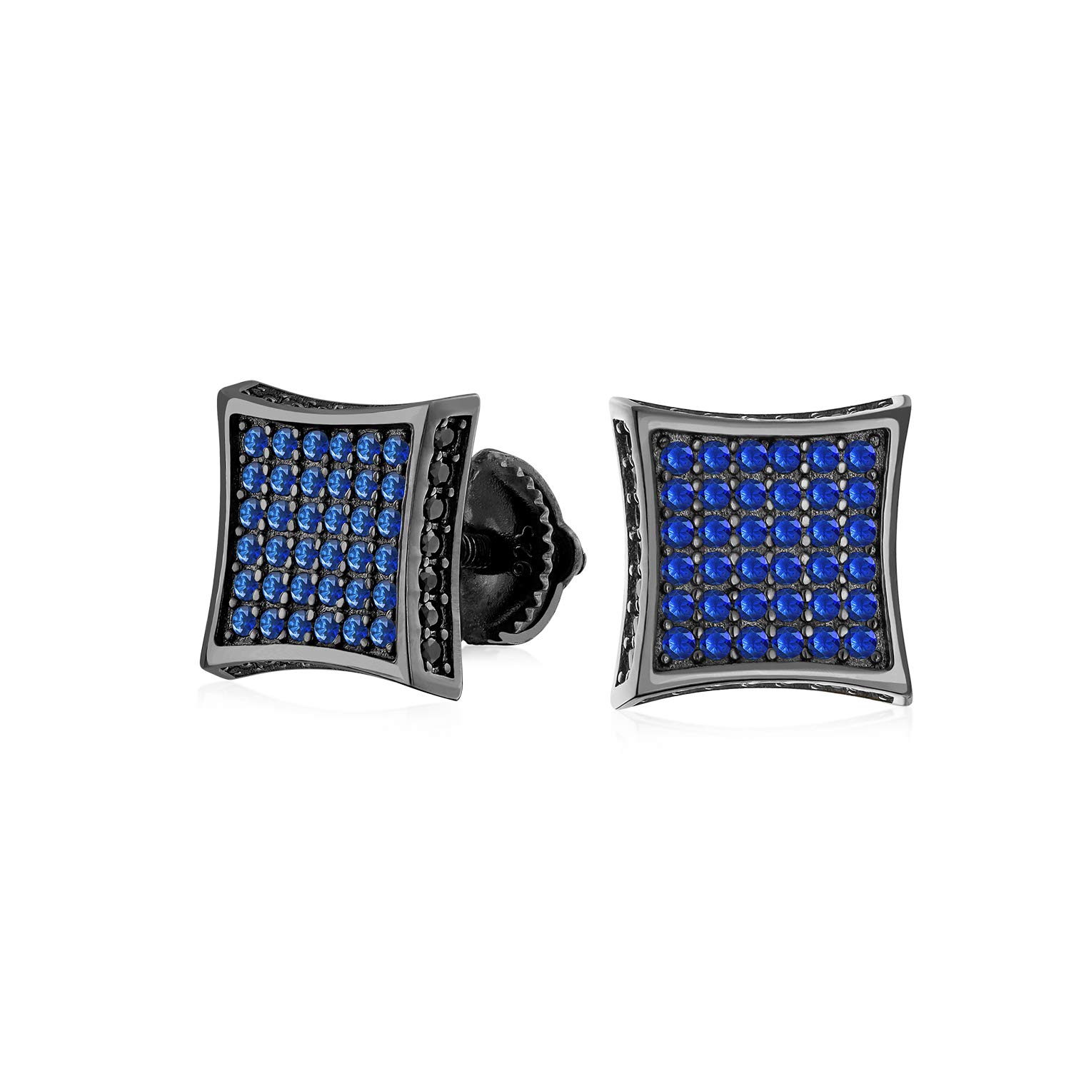 Black Blue Cubic Zirconia Micro Pave CZ Square Stud Earrings For Men Simulated Sapphire Sterling Silver Screw back 9MM