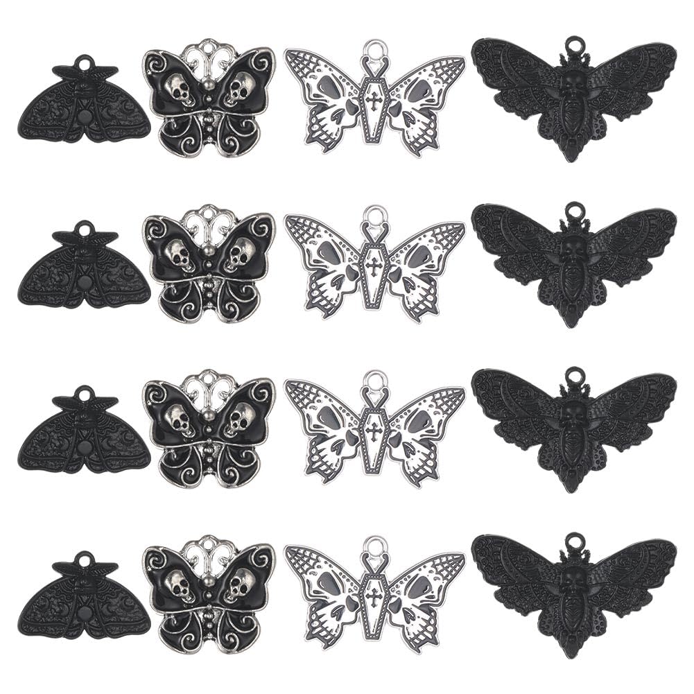 SUNNYCLUE 1 Box 24pcs 4 Styles Butterfly Charm Moth Charms Bulk Gothic Charm Black Skull Butterflies Skeleton Halloween Alloy Insect Charm for jewellery Making Charms DIY Necklace Earring Adults Craft