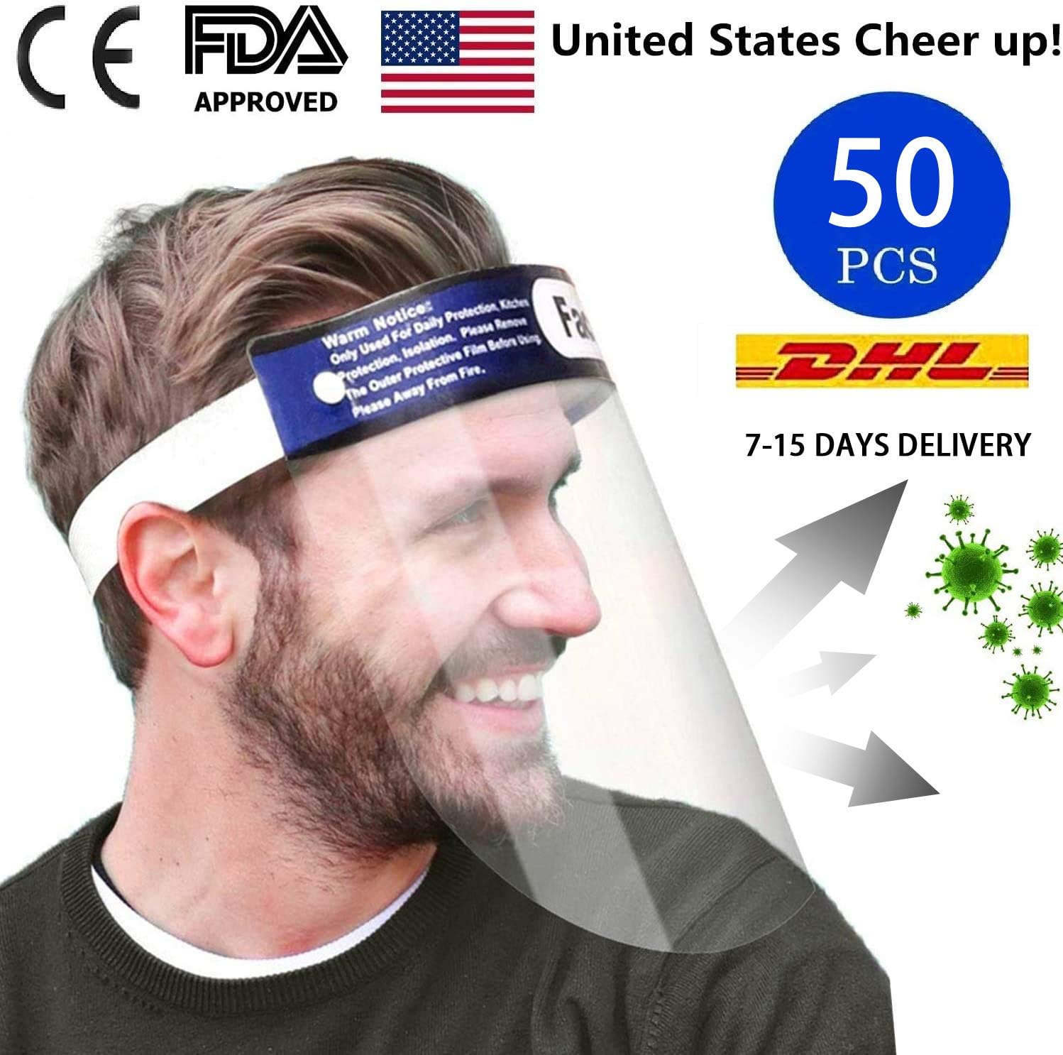 50PCS Face Shield Medical (FDA Approved) Protect Eyes and Full Face, Anti-fog Dental Face Shield with Protective Clear Film Elastic Band and Comfortable Sponge for Men and Women