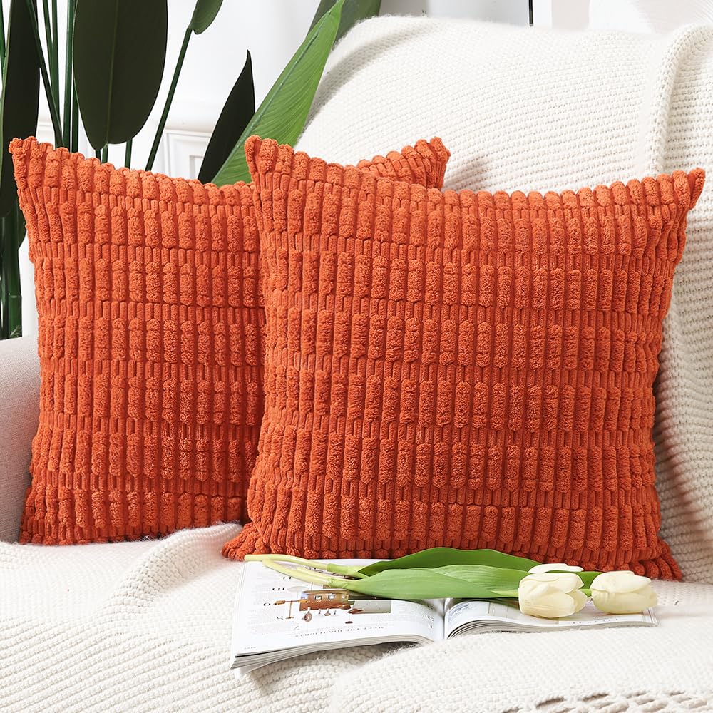 Madizz Pack of 2 Boho Striped Corduroy Throw Pillow Covers 24x24 inch, 60x60 cm, Reddish Orange Soft Decorative Cushion Cover for Sofa Bedroom Pillow Shell — image 1