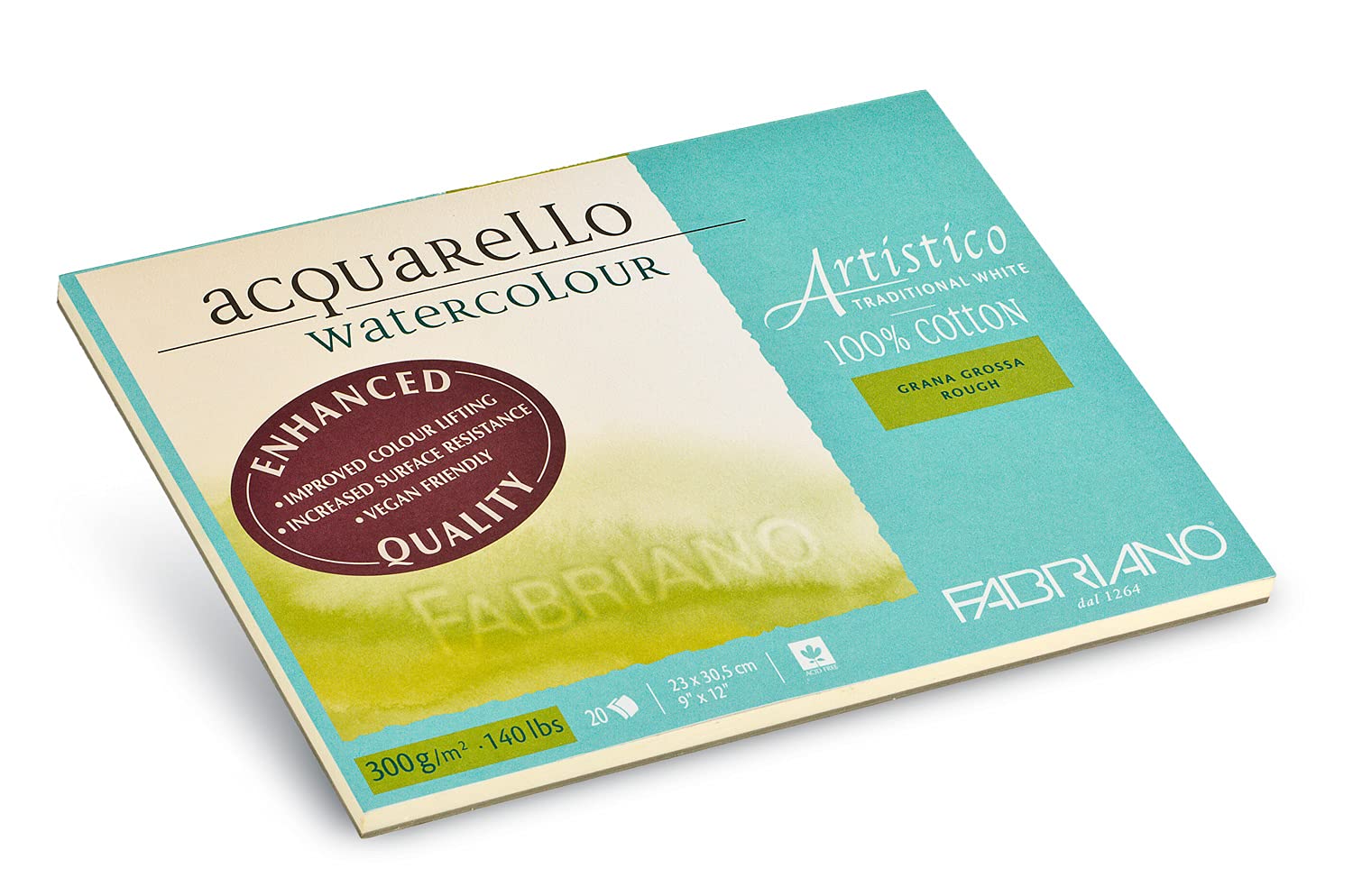 Fabriano Artistico Acquarello Watercolour, Natural White, Coarse Grain, 23 x 30.5 cm, 20 Sheets 300 g/m², High-Quality Artist Watercolour Cardboard, Glued on 4 Sides, Vegan