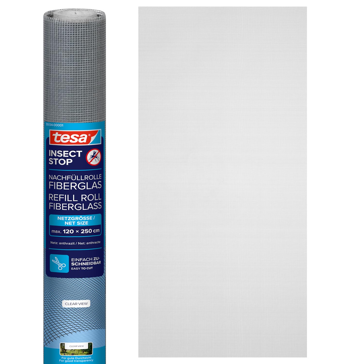 tesa INSECT STOP Refill Roll Fiberglass - Fly Screen Replacement Roll made of Fiberglass Fabric for tesa Aluminum Frame Mosquito Net Window & Door - Roll 120cm x 250cm, Anthracite (Transparent)