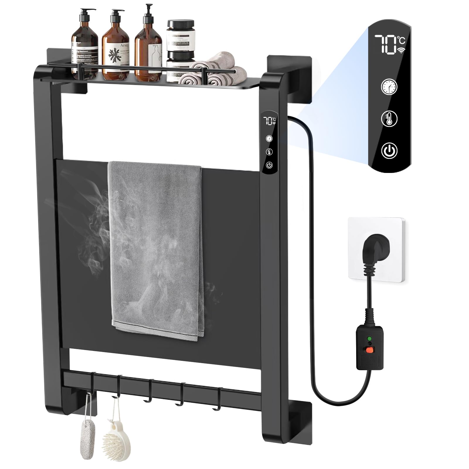 Photo 1 of KIMOWOW Heated Towel Rack, Towel Warmer Rack for Bathroom with Timer and Temperature Multi-Level Adjustments, IPX4 Wall Mounted Towel Heaterwith Fast Heating, Towel Dryer with Shelf, Plug-in, Black