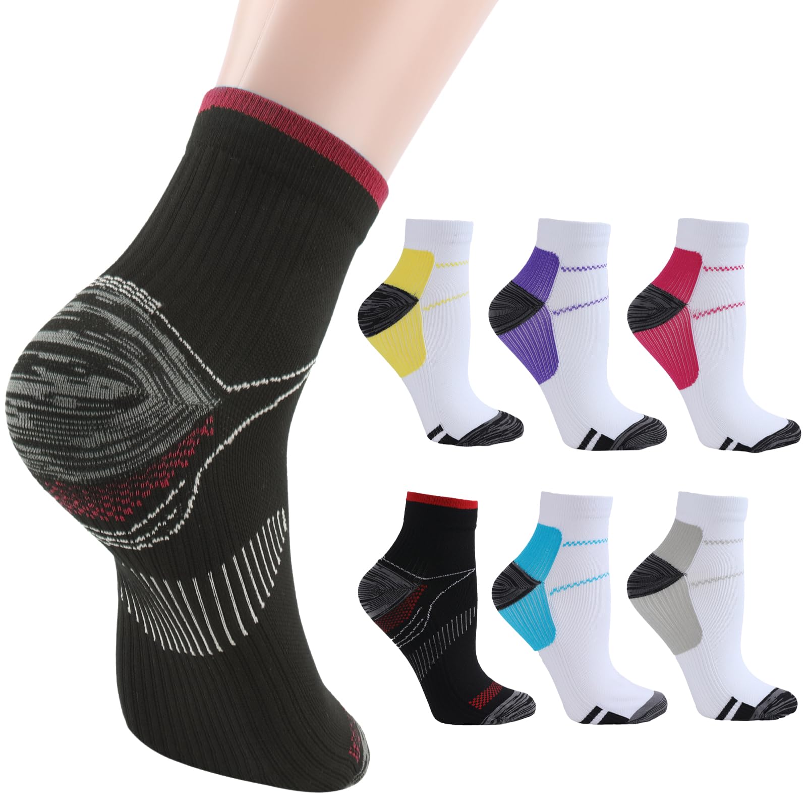 6 Pairs Compression Socks For Women & Men, Multi-coloured Plantar Fasciitis Socks with Arch Support for Athletic Medical Pregnant Travel Relief Foot Pain(UK5-9)