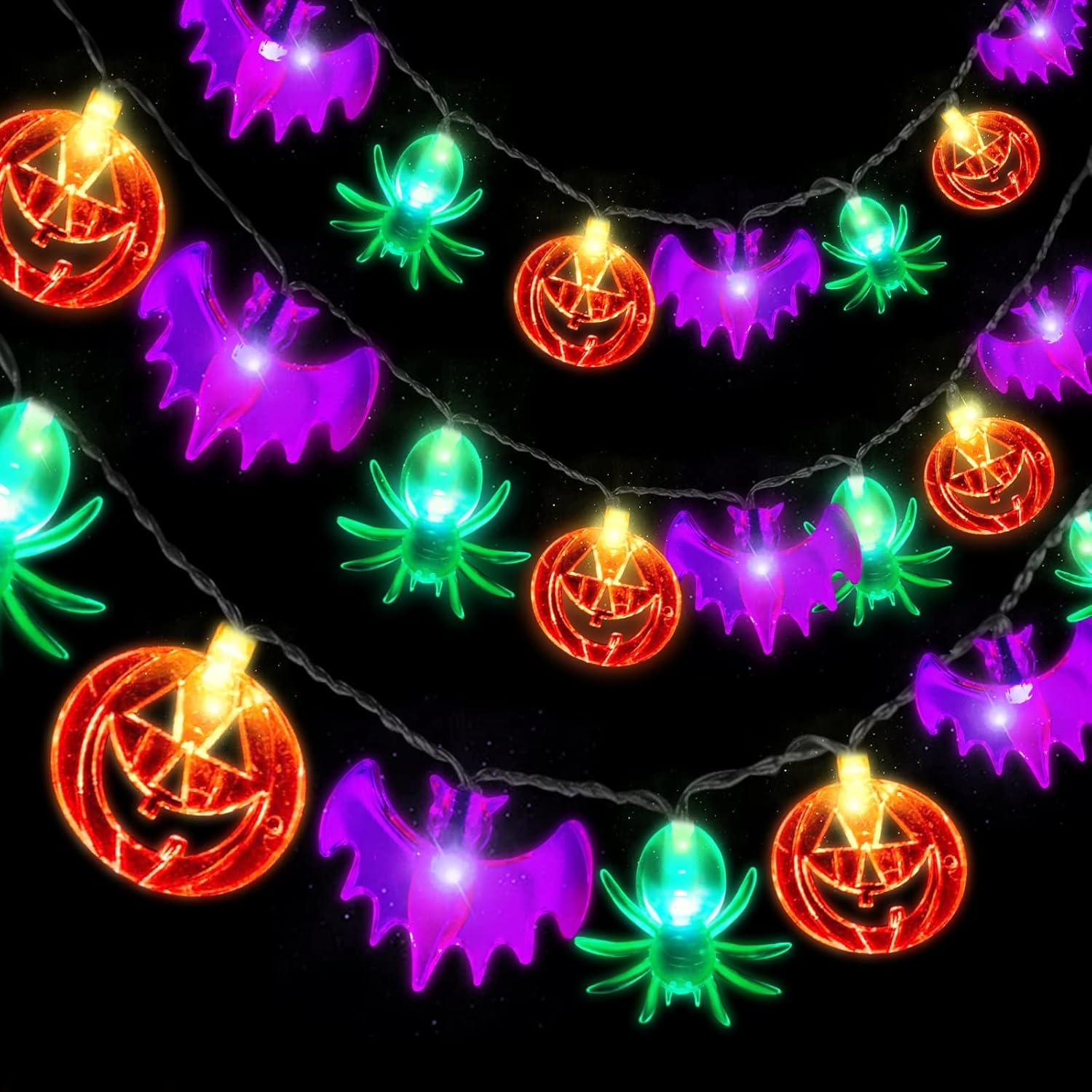 String Lights - [ Timer & 3 Pack ] Total 30Ft 90LED Halloween Lights Decorations 3 In 1 Orange Pumpkins Purple Bats Spider String Lights Battery Operated , Halloween Decor Home Party Outdoor Indoor ,10Ft 30LED Each