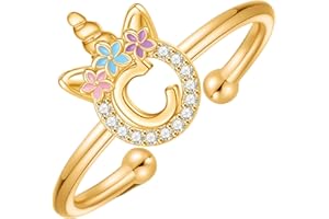 POSHJEW Initial Rings for Teen Girls,14K Gold/White Gold/Rose Gold Plated Adjustable Unicorn Initial Rings for Girls Cute Unicorn Alphabet Letter Rings for Teen Girls Initial Rings for Teen Girl Gifts